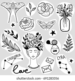 Set of black and white stickers. Monochrome patches collection: flowers, girl, butterfly, rose, stars. Vector illustration. Cute design for girls