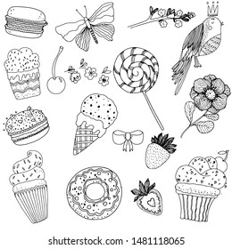 Set of black and white stickers. Sweets, candies, cupcakes, macaroons, cakes, bird, bow, strawberries and cherries. Coloring for adults and children. Vector illustration.

