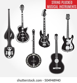 Set of black and white string plucked musical instruments. Vector illustration of guitars, electric double bass and banjo. Musical instruments isolated on white background.