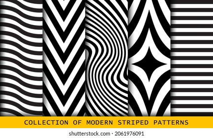 Set of black and white striped patterns, textures.