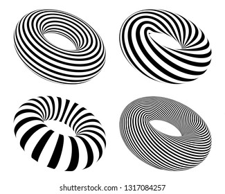 Set of black and white striped torus, vector abstract donuts set isolated on white background