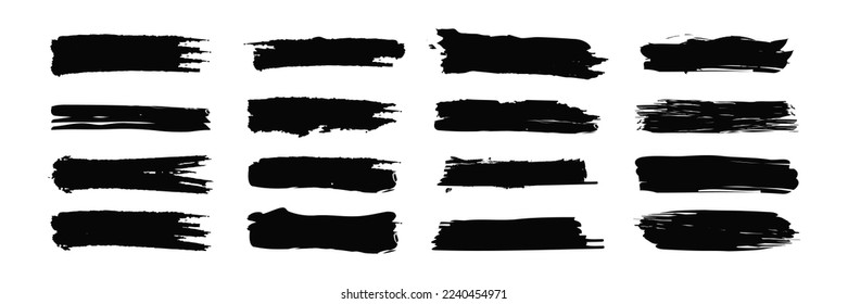 Set of black and white strokes. Black brush strokes collection. Abstract grunge paint ink background. Vector, 2023