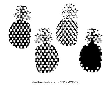 Set of black and white stylized silhouettes of pineapple fruits wiht texture on isolated white. Tropical Collection Doodle. Perfect for design banners, pages, print on clothes, t-shirts for baby.