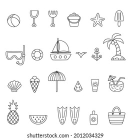 Set of black and white summer elements. Vector illustration. Coloring page.