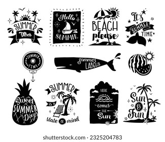 Set of black and white summer-themed labels and icons