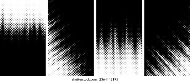 Conjunto de fondo de medio tono de gradiente de rayos soleados en blanco y negro con espacio para texto. Plantilla de arte pop, textura. Ilustración vectorial.