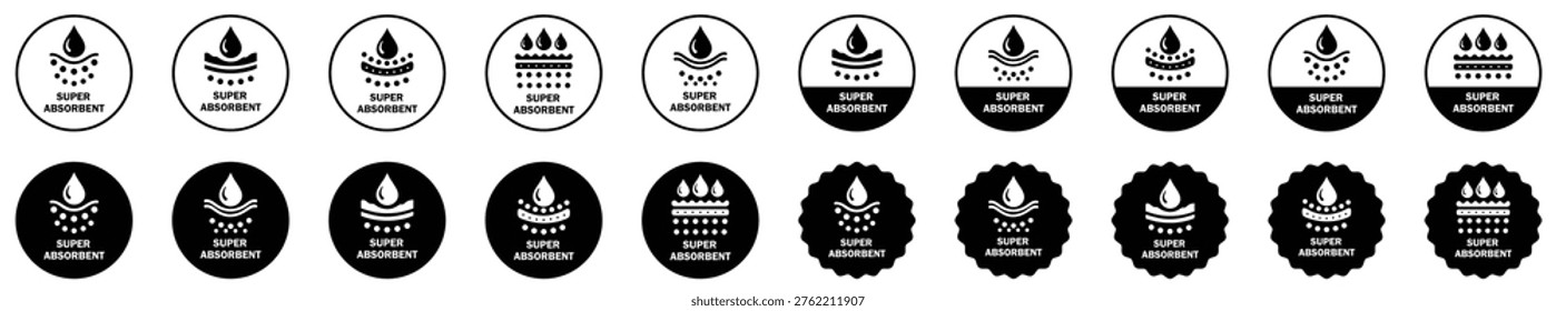 Set of black and white super absorbent badges and water absorption labels. Clean round seals for liquid soak, moisture control, hygiene, cleaning products, vector icons