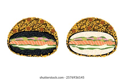 Set of black and white sushi burger with salmon meat, onion, rice, avocado and masago caviar and cream cheese fried in breadcrumbs isolated on white. Hand drawn vector illustration in flat style