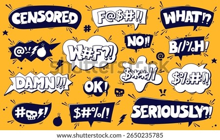 Set of black and white swear speech bubbles on a bright yellow background with dark details around.