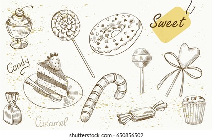 Set of  black and white sweets icons in sketch style