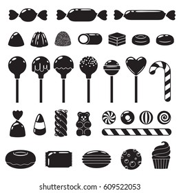 Set of black and white sweets - marshmallow, gummy bears, hard candies, dragee, jelly, licorice, candy cane, peppermint candy, donut, cupcake macaron cookie vector illustration