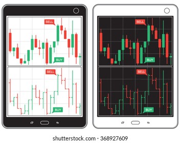 Set of black and white tablet with business charts