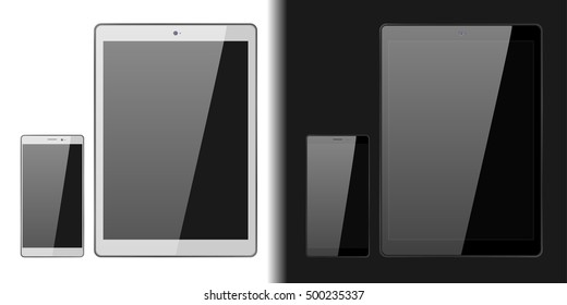 Set of black and white tablet computer and smartphone. Black and White Tablet PC and Mobile phone. Vector devices illustration. Smartphone and pad with empty screen isolated