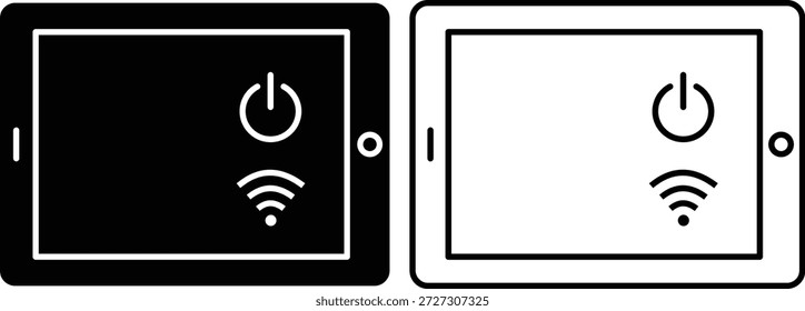 A set of black and white tablet device icons shows power and WiFi symbols in solid and outline styles isolated on a white background