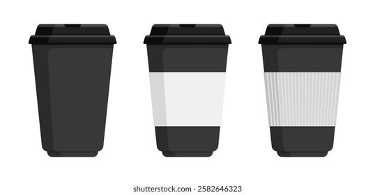 Set of black and white takeaway cups with lids and sleeves. Disposable cups for hot drinks like coffee. Beverage packaging concept. Flat illustration isolated on white background with copy space