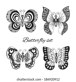 Set of black and white tattoo style butterflies with ornate wings isolated vector illustration
