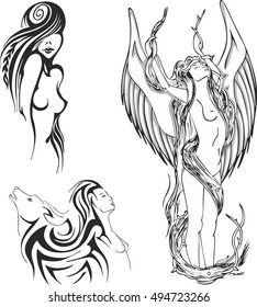 Set of black and white tattoos with pretty semi-nude girls
