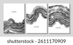 Set of black and white templates with wavy wooden texture. Backgrounds with grunge curved lines. Annual tree rings. Organic eco background. Templates for business cards, cover