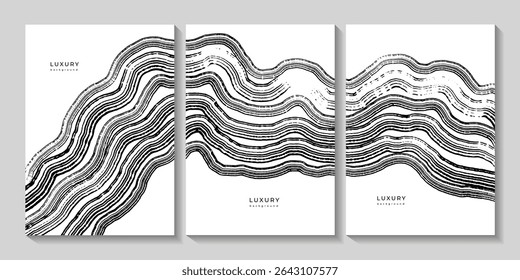 Set of black and white templates with wavy wooden texture. Backgrounds with grunge curved lines. Organic eco background. Templates for business cards, cover. Wave pattern