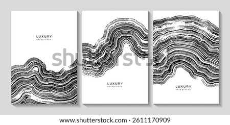 Set of black and white templates with wavy wooden texture. Backgrounds with grunge curved lines. Annual tree rings. Organic eco background. Templates for business cards, cover