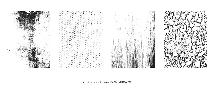 Set of black and white textures for overlay. Vector graphics. Different types of stamps