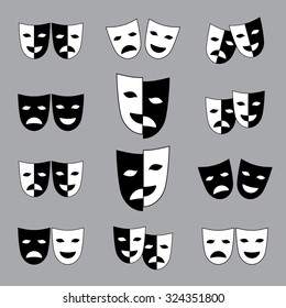 Set of black and white theatrical masks on grey background. Vector illustration.