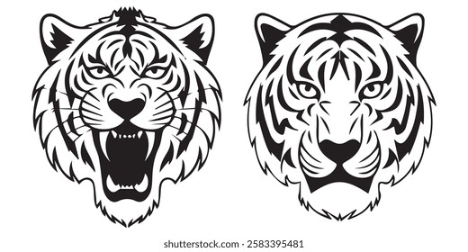 Set of Black and White Tiger Head Illustrations Tiger Head Design