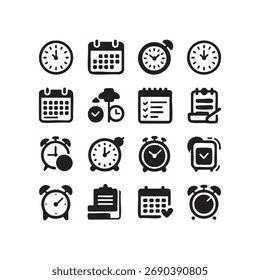 Set of black and white time management icons for planning and scheduling