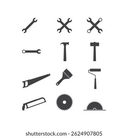 Set of black and white tools for DIY projects, construction, repair, workshop, and industrial concepts