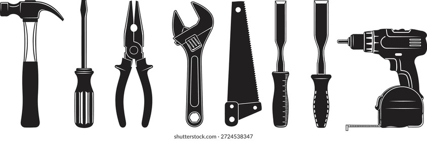 Un conjunto de herramientas en blanco y negro que incluye un martillo, destornilladores, alicates, llaves y un taladro inalámbrico