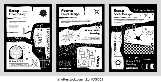 Set of black and white torn vector covers with space background, scraps of paper with space for text, brutalist design with linear shapes of objects, stars, flashes of light, and grids,. 