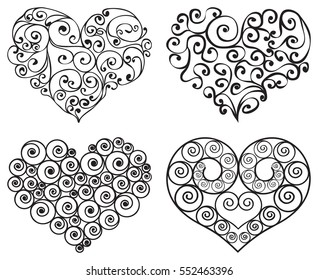 Set of black and white tracery hearts with swirl and spirals. Vector illustration.