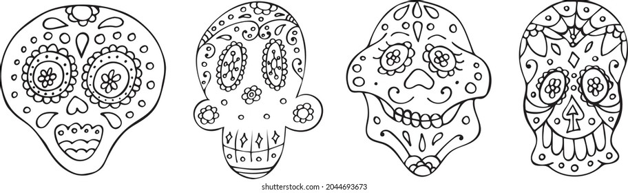 Set of Black and White Traditional Mexican Hand Drawn Scull. Collection of Dia De Muertos Holiday Symbol In Sketch Style.