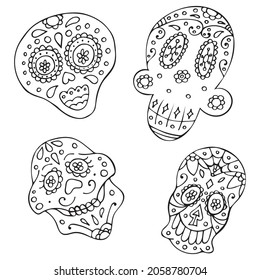 Set of Black and White Traditional Mexican Hand Drawn Skull.