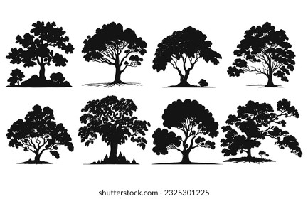 Conjunto de siluetas de árboles en blanco y negro. Elementos de árbol para crear un jardín o bosque