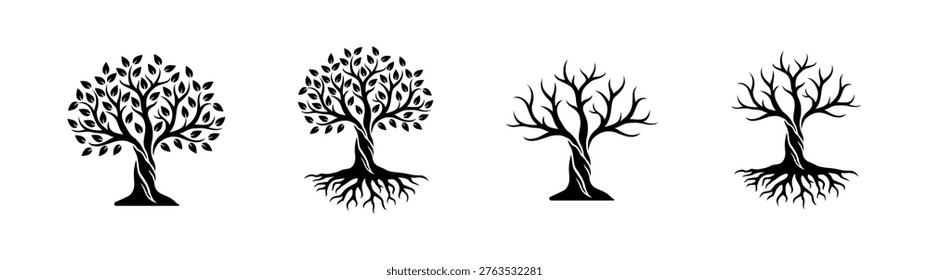 Set of black and white tree silhouettes with roots and leaves, botanical elements, flat vector illustration