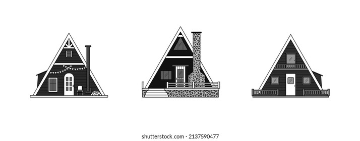 Set of black and white triangular cabins. Icons of modern tiny houses isolated on white background.