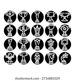 Conjunto de iconos y siluetas de trofeos en blanco y negro que representan logros, victorias, premios, campeonatos, liderazgo y reconocimiento para deportes, concursos, eventos y proyectos de diseño