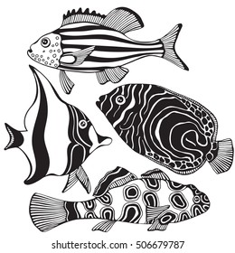 Set of black and white tropical fish.