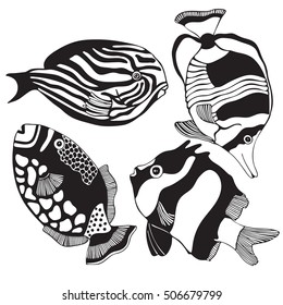 Set of black and white tropical fish.