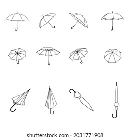 Conjunto de paraguas negros y blancos, que se muestran en diferentes vistas y ángulos. Paraguas dibujado cerrado y abierto, colección vectorial de iconos simples.