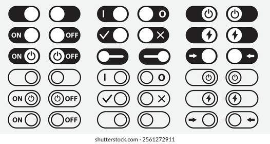 Set of black and white user interface toggle icons featuring on off switches, power buttons, sliders, checkmarks, and arrows for UI UX design and app development.