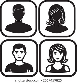 Um conjunto de ícones de perfil de usuário em preto e branco. Ilustração vetorial de avatares e retratos masculinos e femininos para perfis de contato na Web, de aplicativos ou de negócios, representando pessoas e membros da equipe