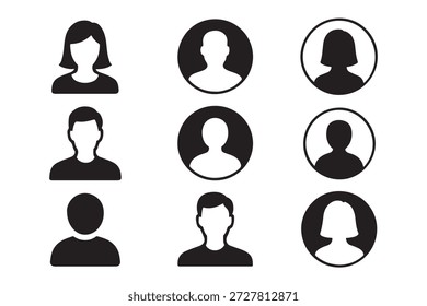 Set of black and white user profile icons for various male and female representations