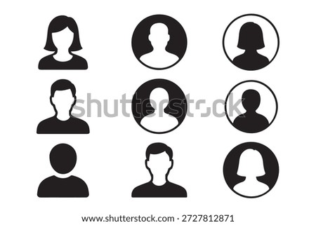 Set of black and white user profile icons for various male and female representations