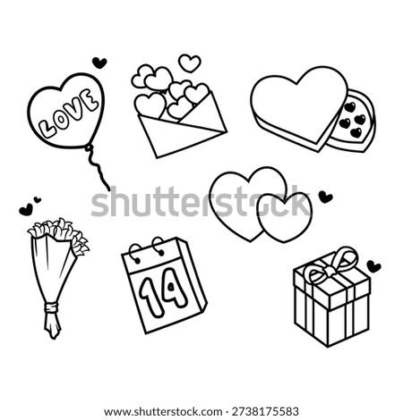a set of black and white valentine's day knick-knacks isolated on a white background
