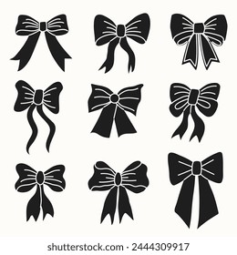 Set of black and white various bows, gift ribbons. Bowknots in hand-drawn and flat styles. Fashionable vector illustration. Hair accessory. Bows for gift wrapping