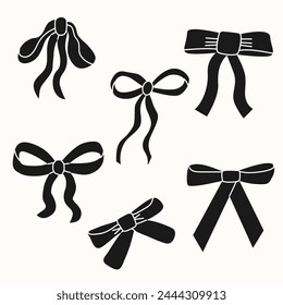 Conjunto de varios arcos finos en blanco y negro, cintas de regalo. Bowknots en estilos planos y dibujados a mano. Ilustración vectorial de moda. Accesorio para el cabello. Arcos para el envoltorio del regalo