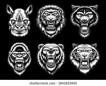 A set of black and white vector animal illustrations such as a wolf, a tiger, a lion, and others. These illustrations can be used as logotypes for sports teams and for many other uses.