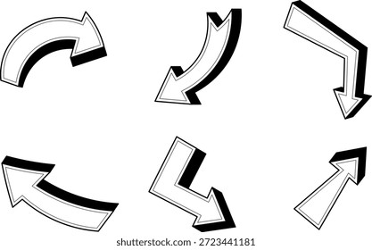 Set of black and white vector arrow icons featuring 3d circular design elements and business web pointers in a collection of direction symbols and cursor signs for motion	
